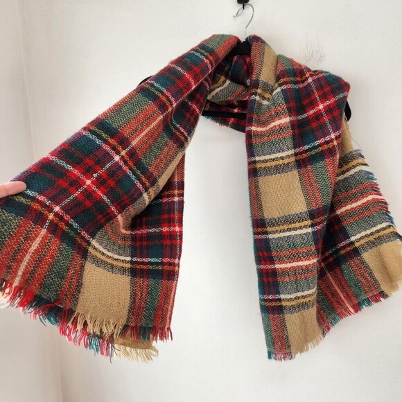 Classic Cozy Tartan Plaid Blanket Scarf Wrap Camel Brown Red OS - Picture 5 of 5